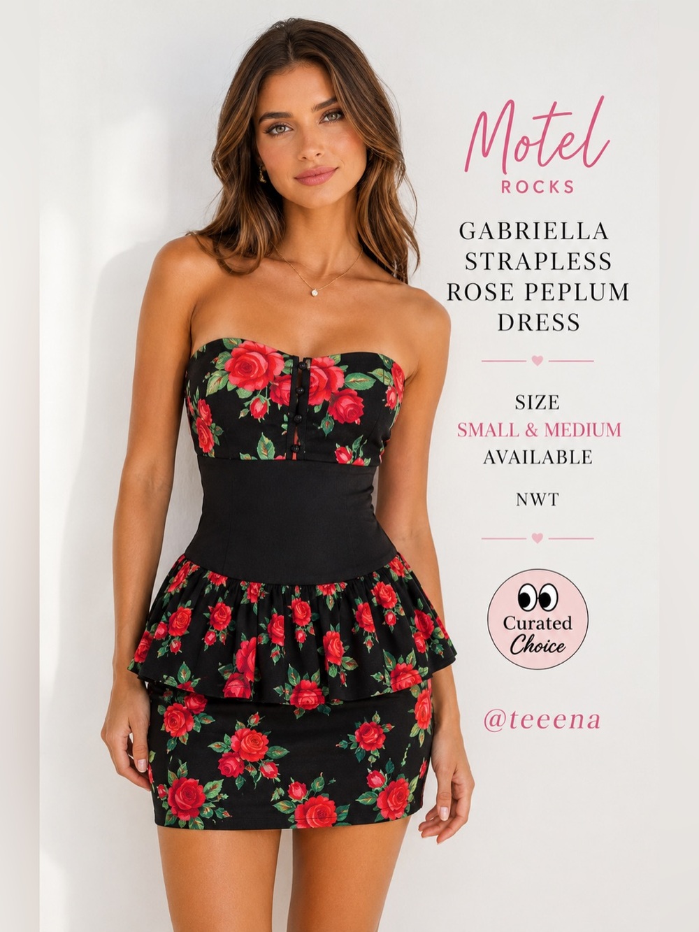 Motel Rocks Gabriella Strapless Rose Peplum Dress NWT S & M - Picture 14 of 14